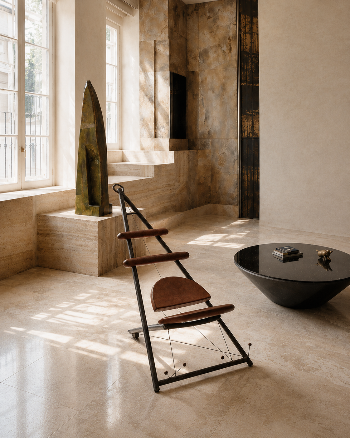 Sculptural chair in a stone interior, shown in black and white