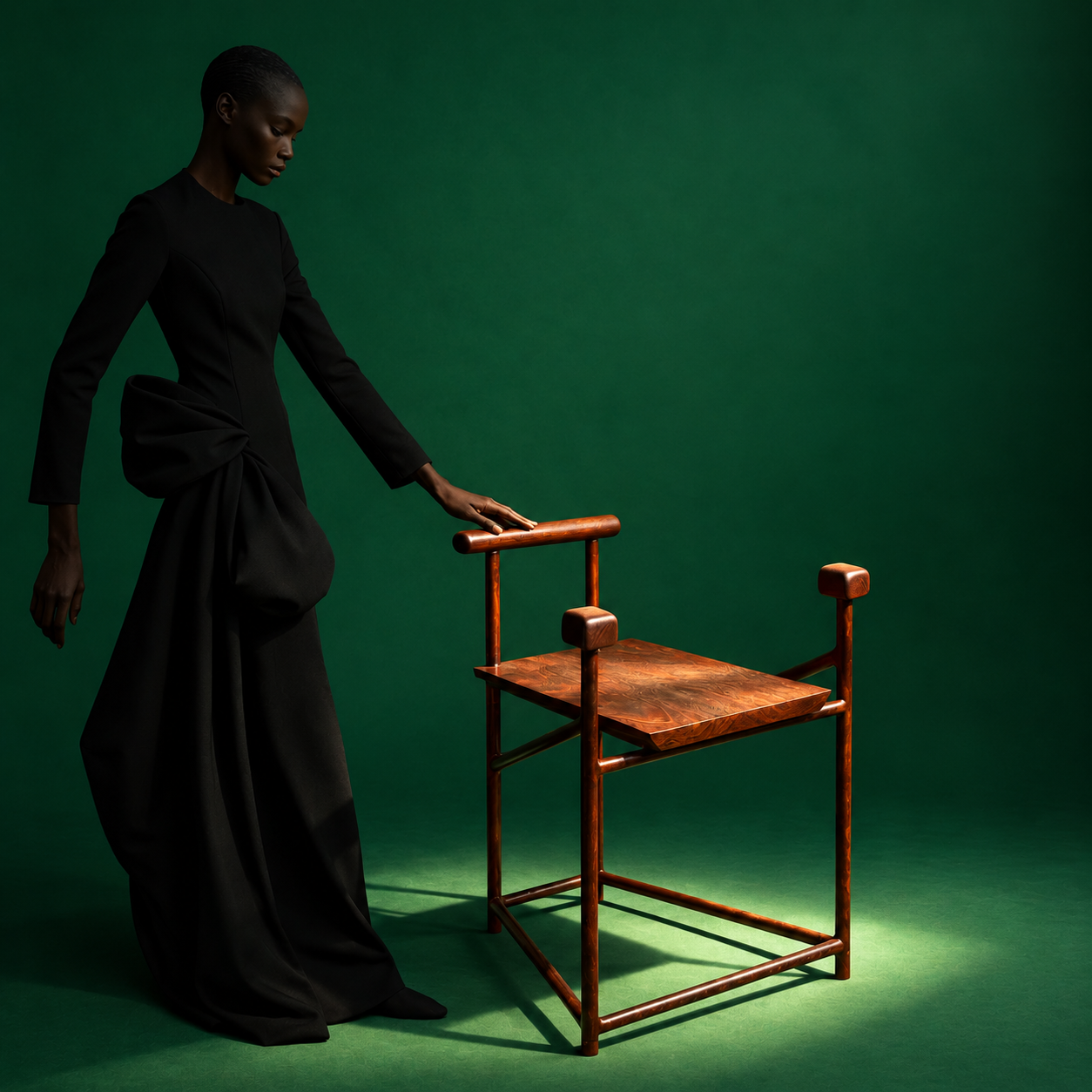 Moving projects forward — sculptural wooden chair and fashion portrait against a green backdrop