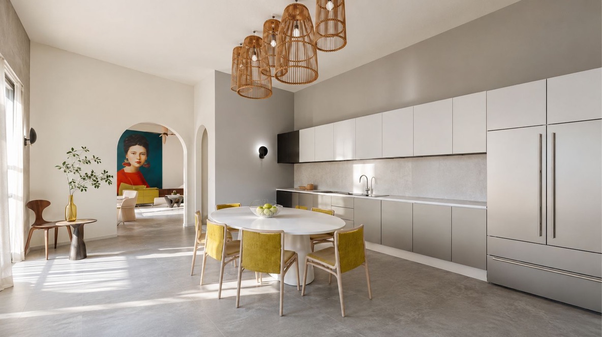 Light-filled kitchen with woven pendant lights