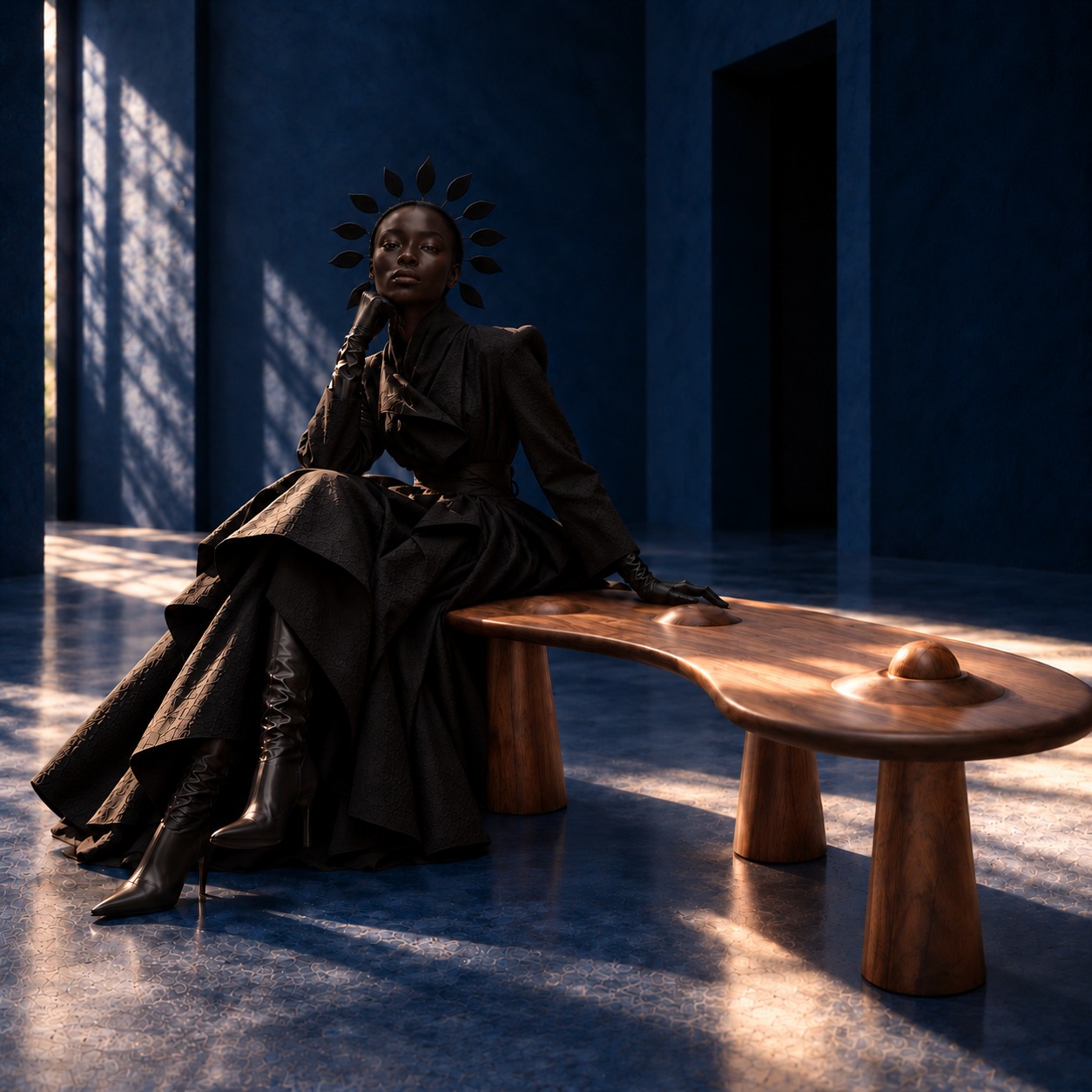 Fashion portrait with a sculptural wooden bench in a blue interior