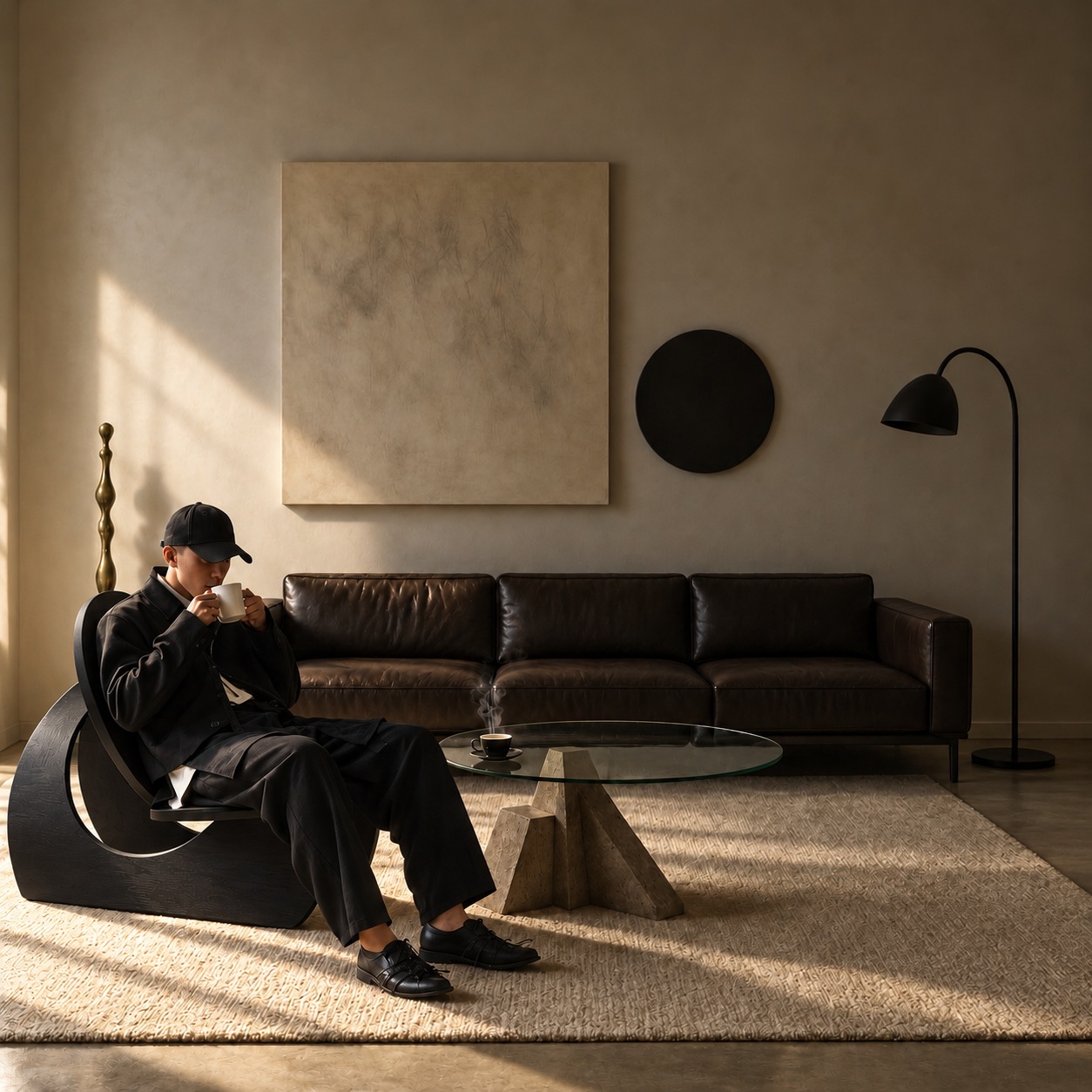 Warm neutral living room with sculptural furniture